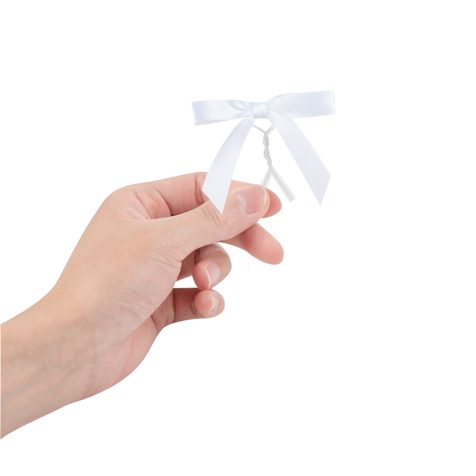 Gift Tek White Polyester Satin Twist Tie Bow - Pre-Tied - 3" x 2 1/2" - 100 count box