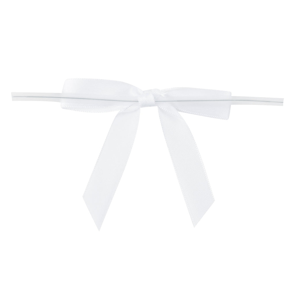 Gift Tek White Polyester Satin Twist Tie Bow - Pre-Tied - 3" x 2 1/2" - 100 count box