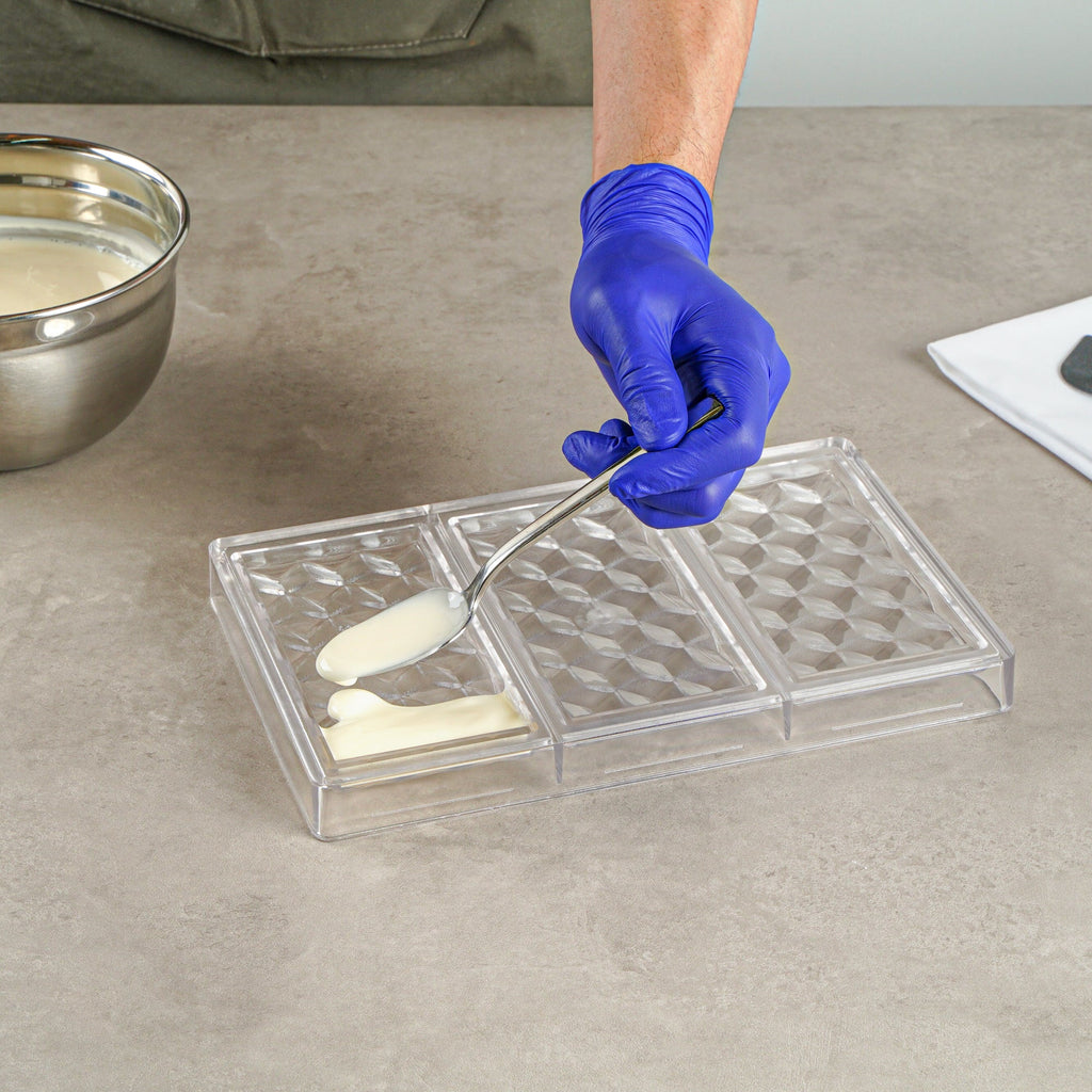 Pastry Tek Polycarbonate 3D Cube Candy / Chocolate Mold - 3-Compartment - 10 count box