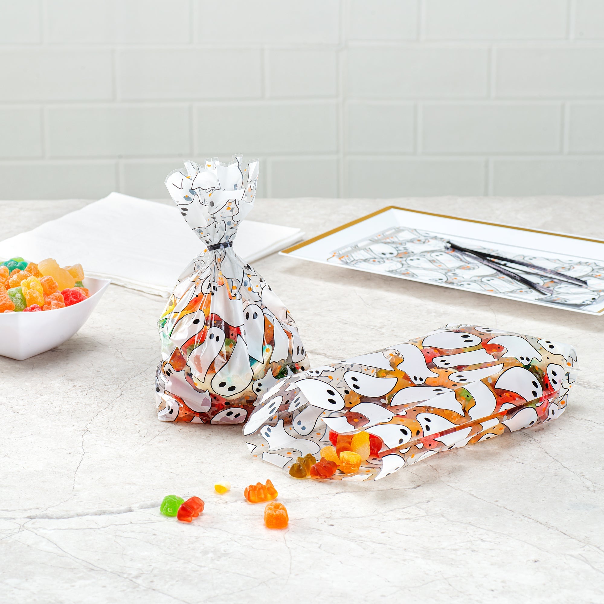 Bag Tek Plastic Candy Bag - Ghosts, Gusseted - 4" x 2" x 9 1/2" - 100 count box
