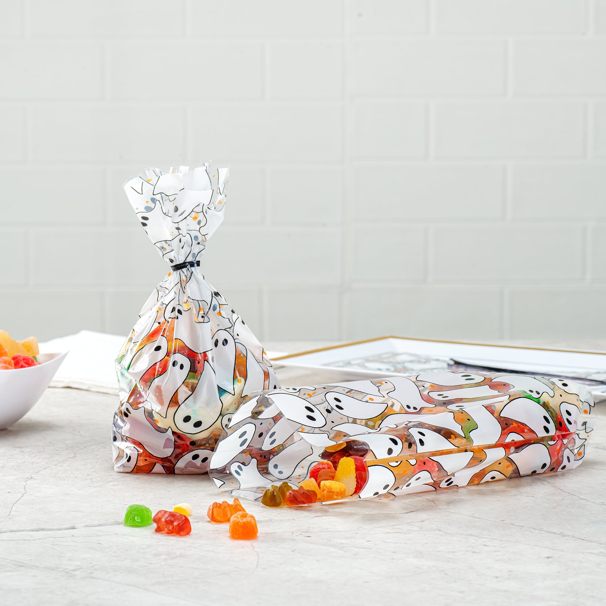 Bag Tek Plastic Candy Bag - Ghosts, Gusseted - 4" x 2" x 9 1/2" - 100 count box