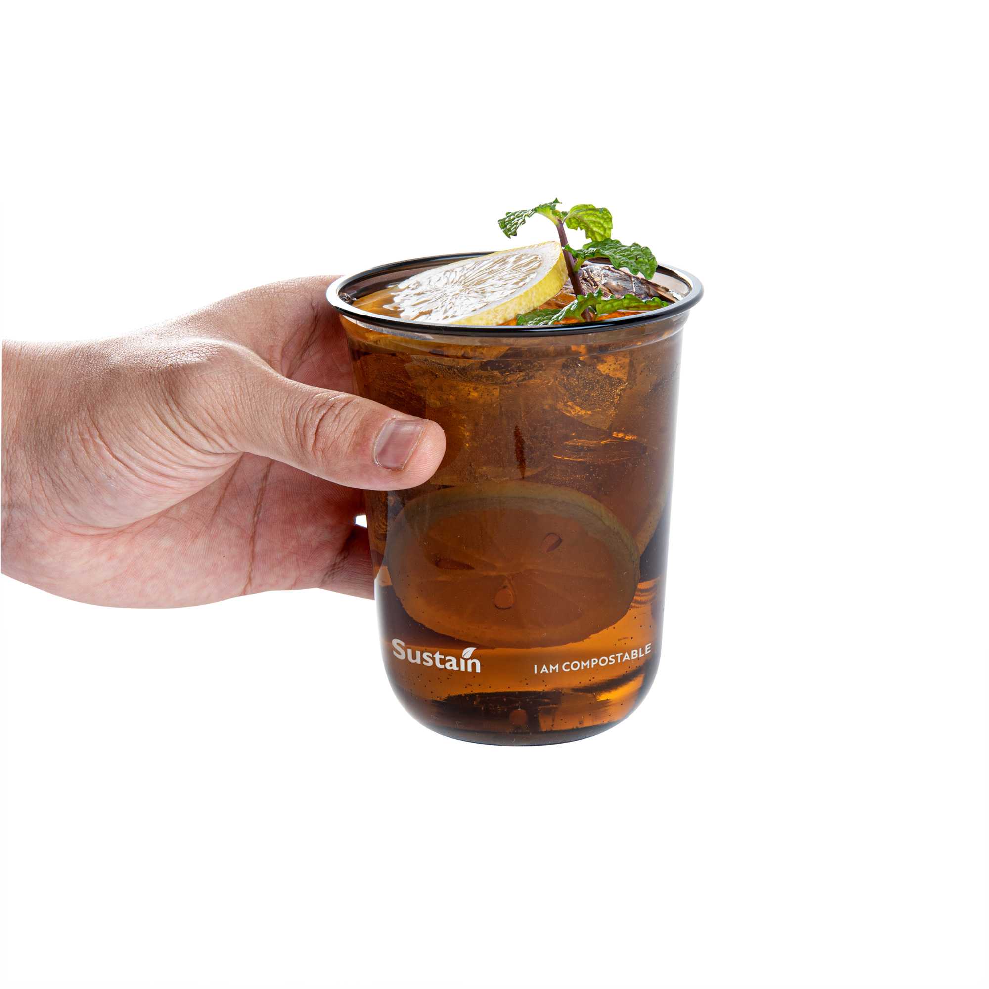 Sustain 12 oz U-Shape Black PLA Plastic Drinking Cup - Compostable, Rounded Bottom - 3 1/2" x 3 1/2" x 4 1/4" - 100 count box
