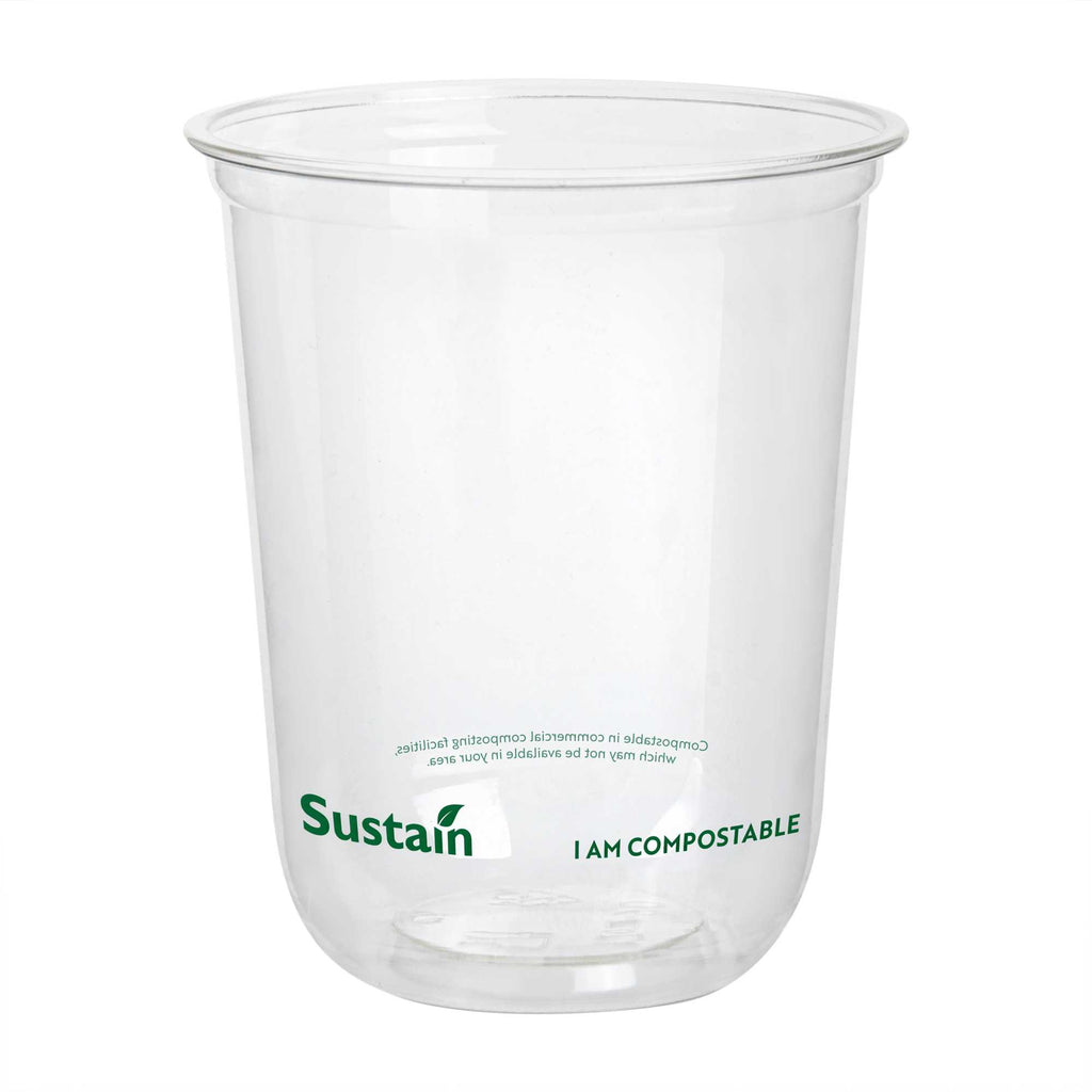 Sustain 12 oz U-Shape Clear PLA Plastic Drinking Cup - Compostable, Rounded Bottom - 3 1/2" x 3 1/2" x 4 1/4" - 1000 count box