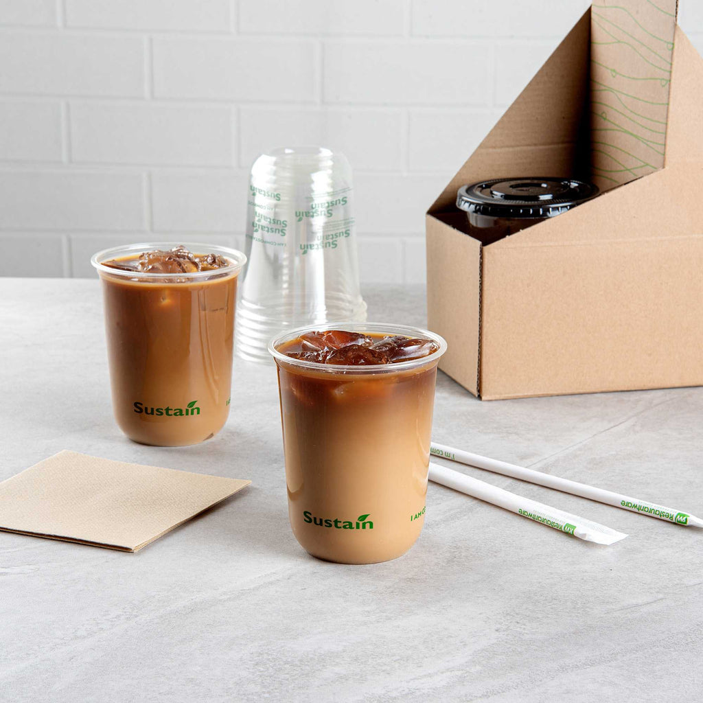 Sustain 12 oz U-Shape Clear PLA Plastic Drinking Cup - Compostable, Rounded Bottom - 3 1/2" x 3 1/2" x 4 1/4" - 100 count box
