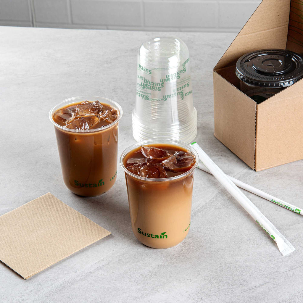 Sustain 12 oz U-Shape Clear PLA Plastic Drinking Cup - Compostable, Rounded Bottom - 3 1/2" x 3 1/2" x 4 1/4" - 1000 count box