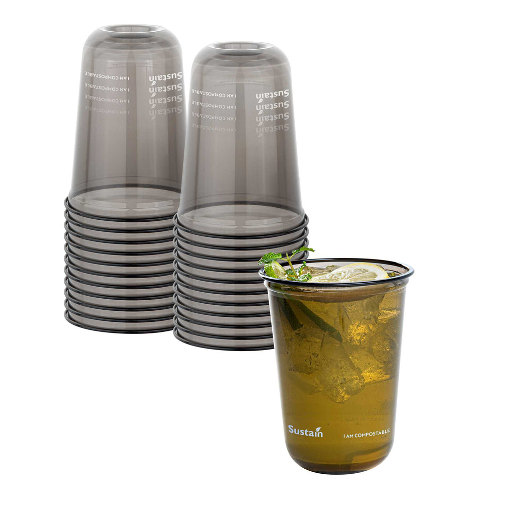 Sustain 16 oz U-Shape Black PLA Plastic Drinking Cup - Compostable, Rounded Bottom - 3 1/2" x 3 1/2" x 4 3/4" - 100 count box