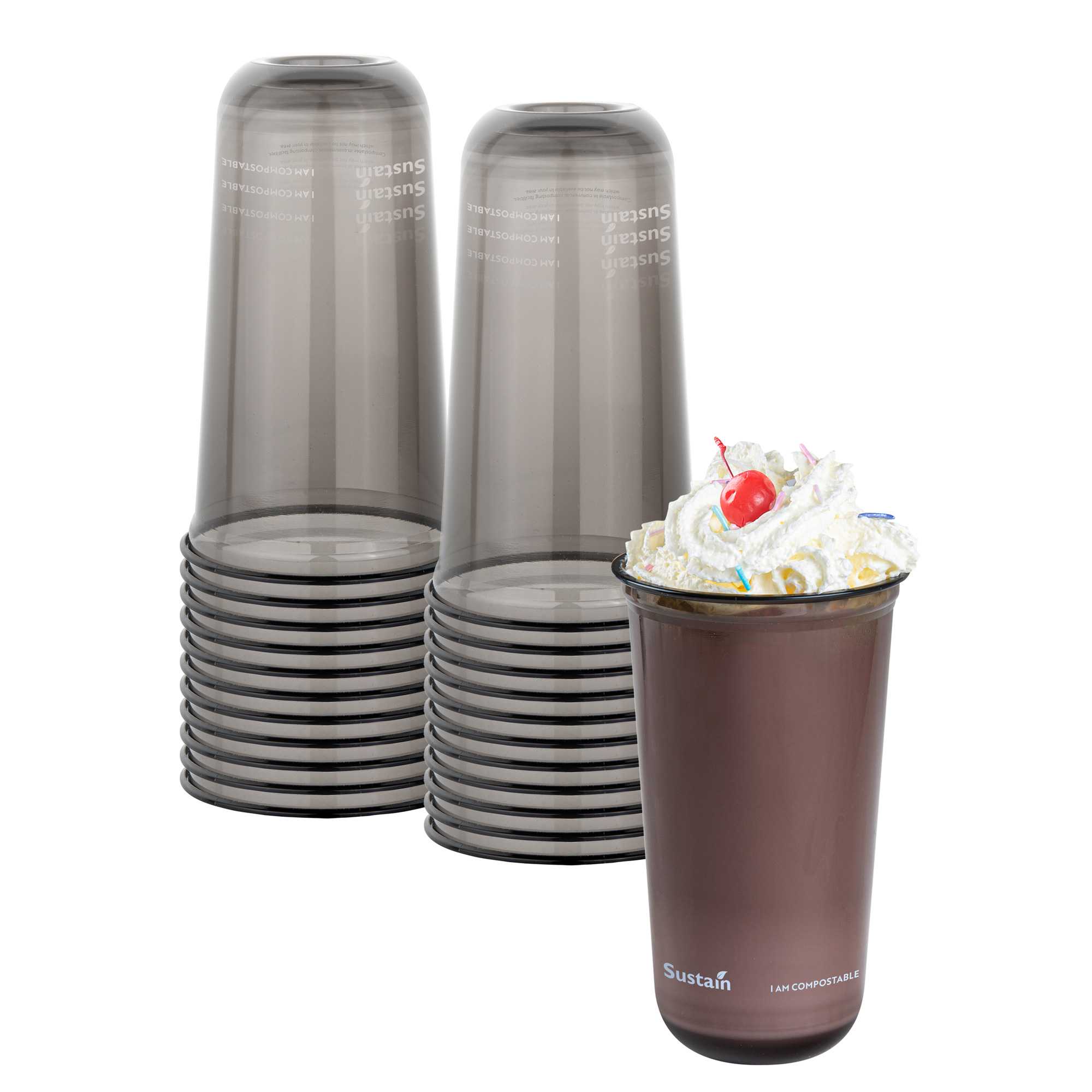 Sustain 24 oz U-Shape Black PLA Plastic Drinking Cup - Compostable, Rounded Bottom - 3 1/2" x 3 1/2" x 6" - 100 count box