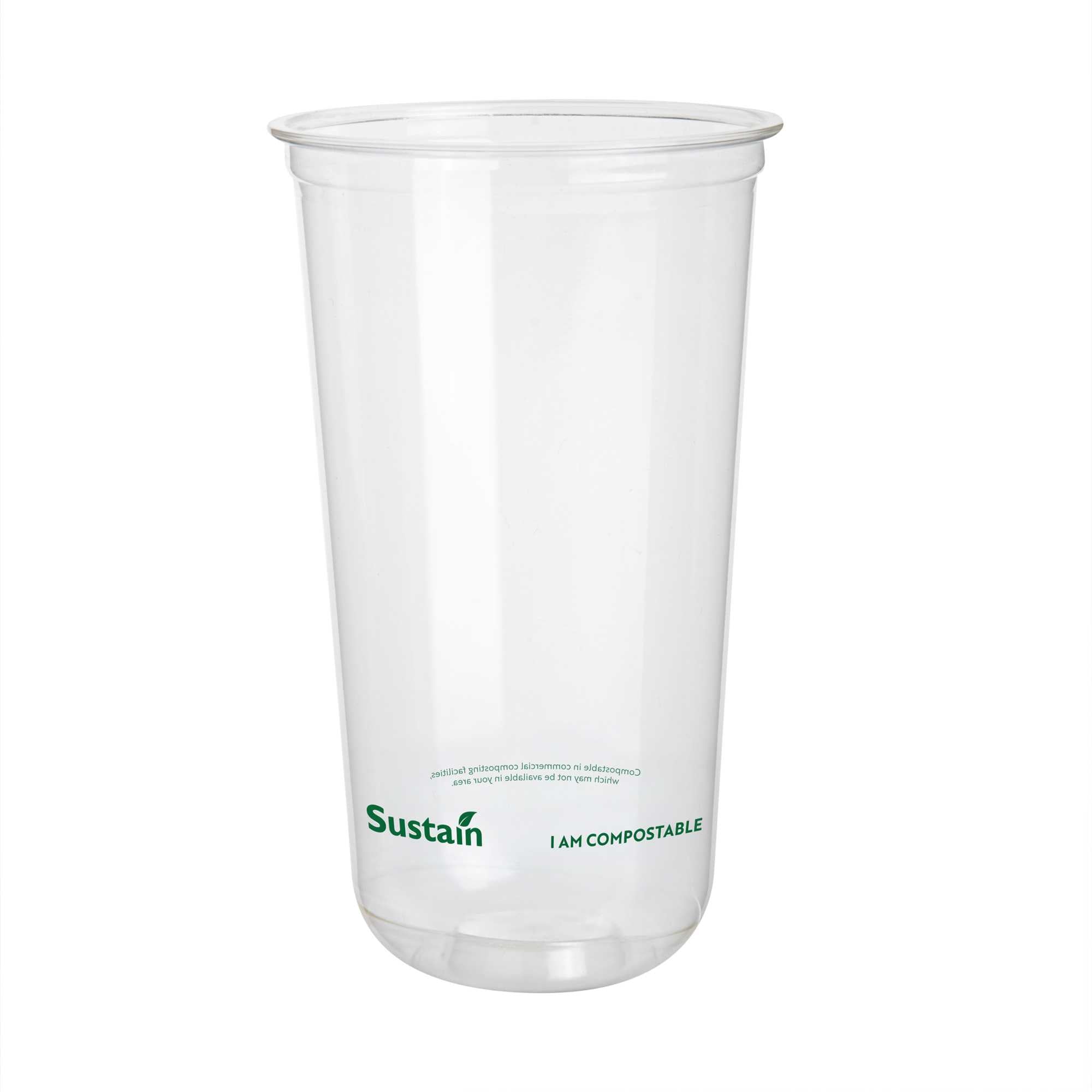 Sustain 24 oz U-Shape Clear PLA Plastic Drinking Cup - Compostable, Rounded Bottom - 3 1/2" x 3 1/2" x 6" - 100 count box