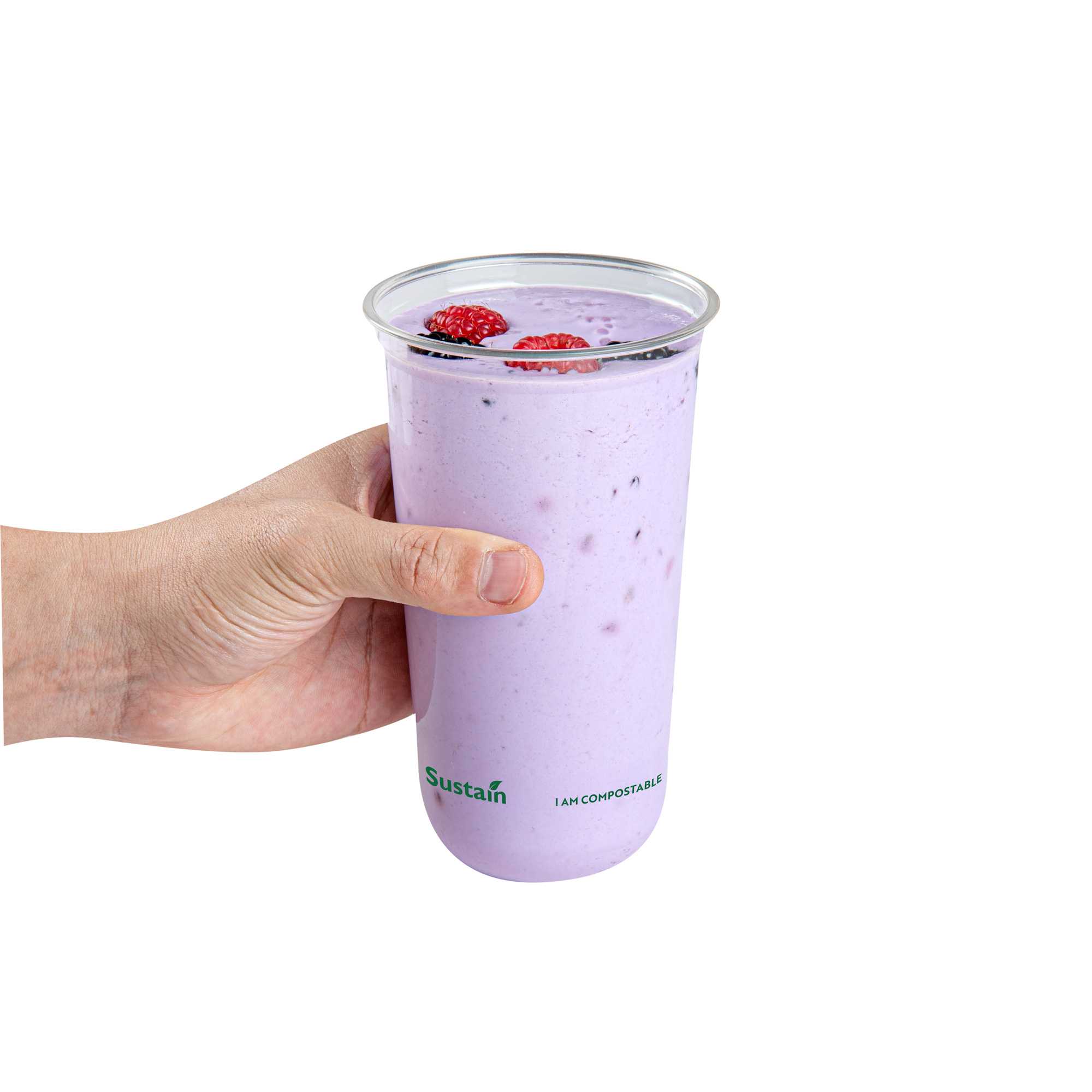 Sustain 24 oz U-Shape Clear PLA Plastic Drinking Cup - Compostable, Rounded Bottom - 3 1/2" x 3 1/2" x 6" - 100 count box