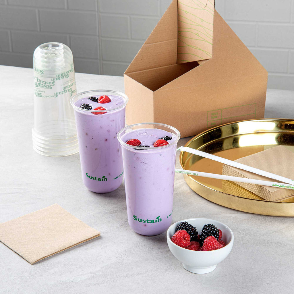 Sustain 24 oz U-Shape Clear PLA Plastic Drinking Cup - Compostable, Rounded Bottom - 3 1/2" x 3 1/2" x 6" - 100 count box