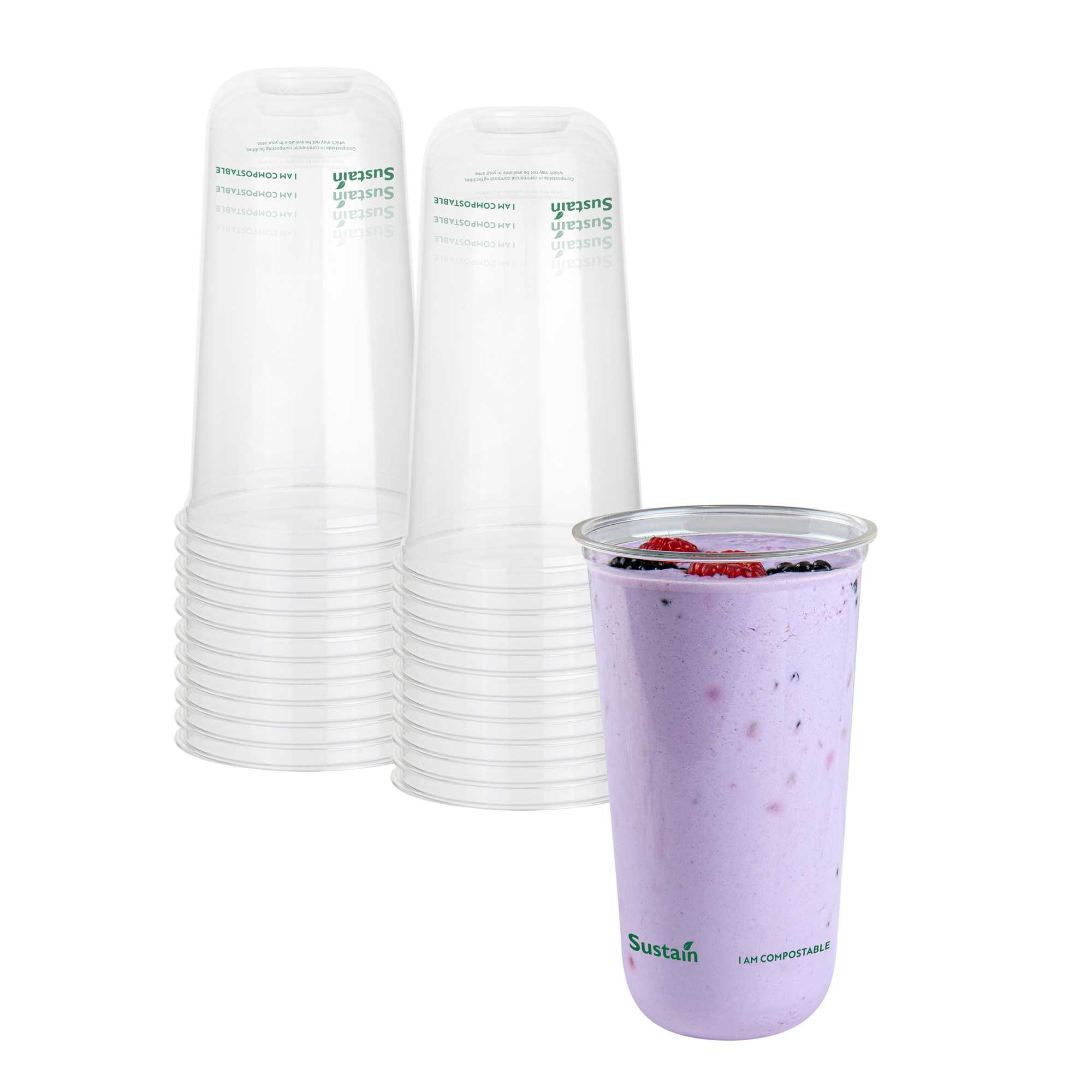 Sustain 24 oz U-Shape Clear PLA Plastic Drinking Cup - Compostable, Rounded Bottom - 3 1/2" x 3 1/2" x 6" - 1000 count box