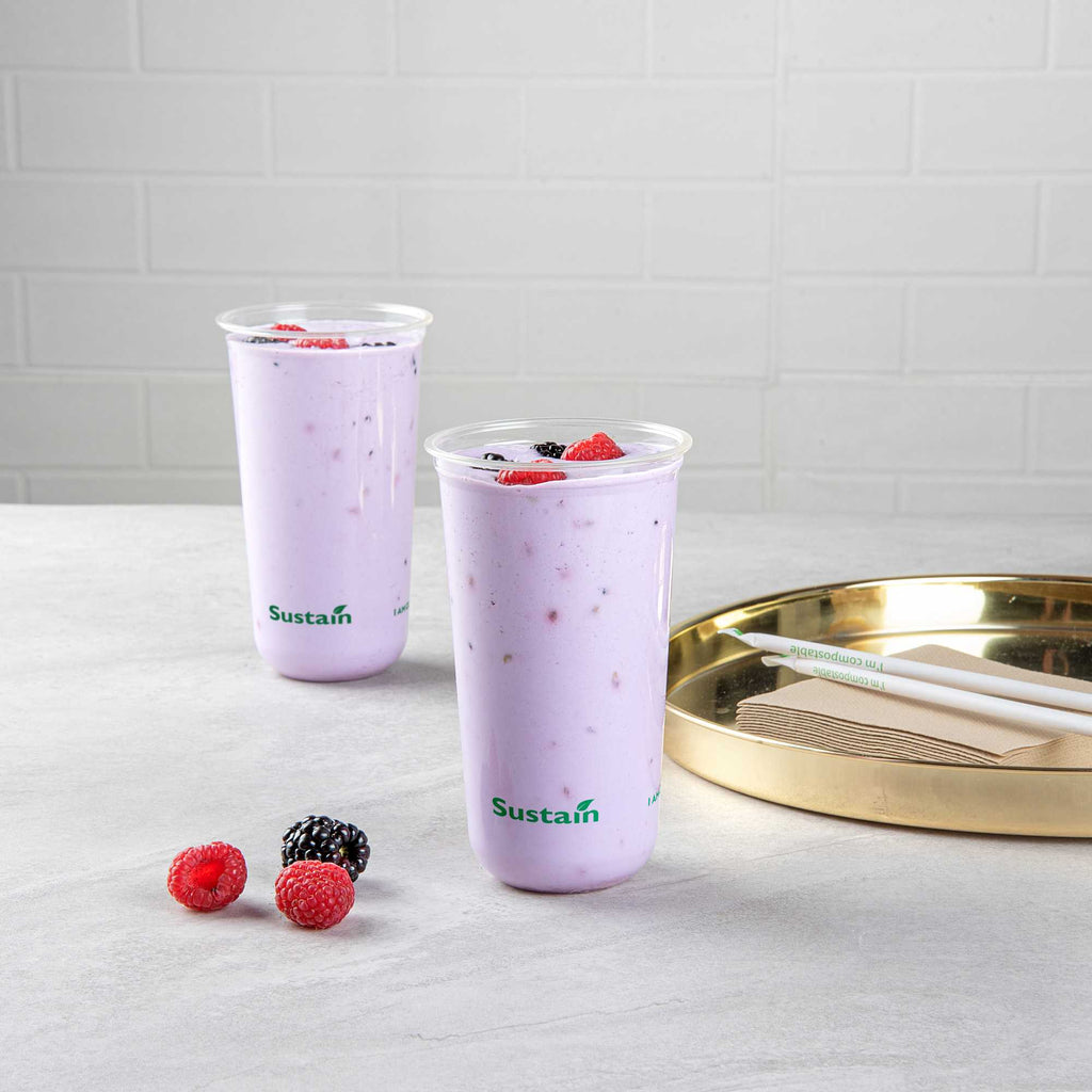 Sustain 24 oz U-Shape Clear PLA Plastic Drinking Cup - Compostable, Rounded Bottom - 3 1/2" x 3 1/2" x 6" - 1000 count box
