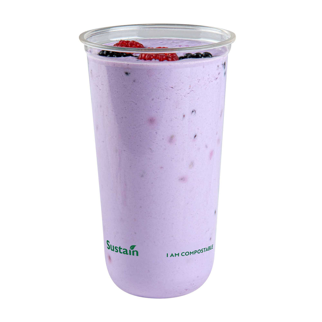Sustain 24 oz U-Shape Clear PLA Plastic Drinking Cup - Compostable, Rounded Bottom - 3 1/2" x 3 1/2" x 6" - 1000 count box