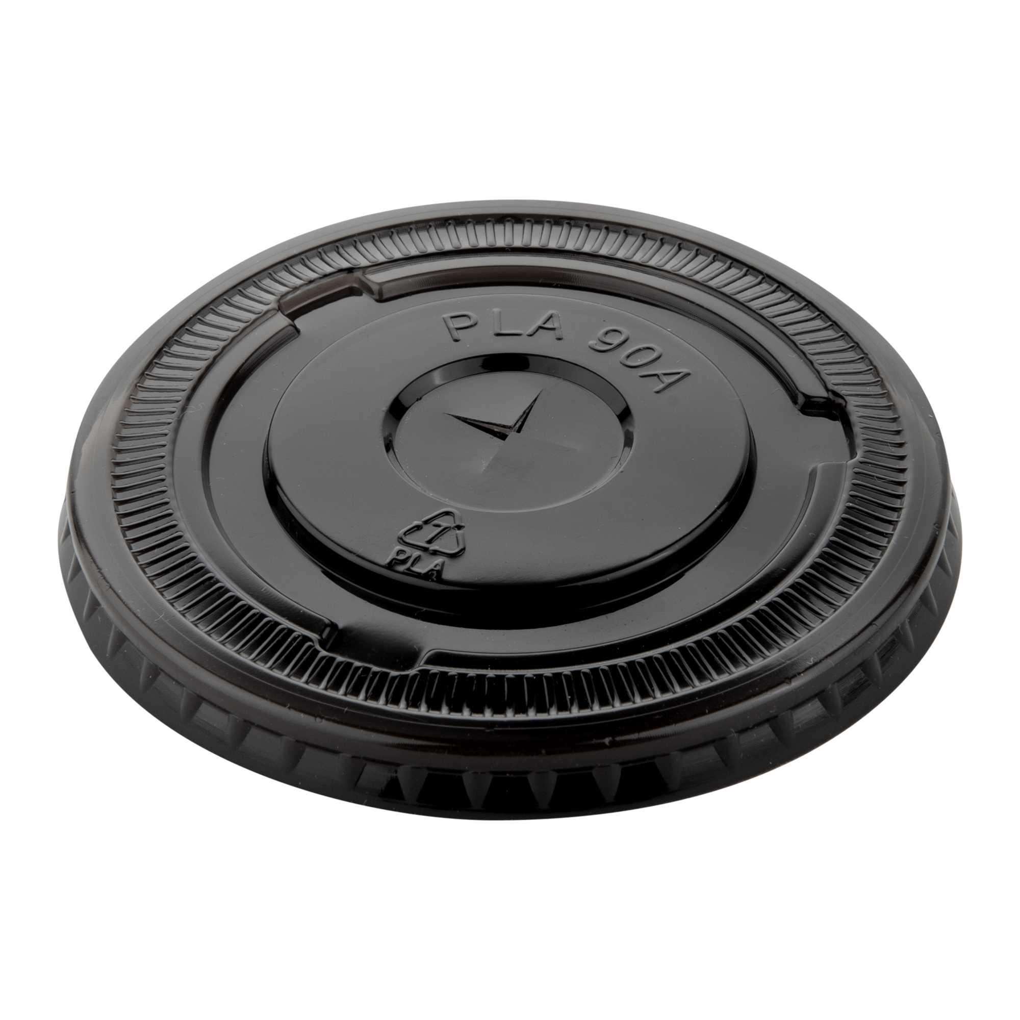 Sustain Round Black PLA Plastic Flat Lid - Fits 12, 16, and 24 oz, Compostable - 3 1/2" x 3 1/2" x 1/4" - 1000 count box
