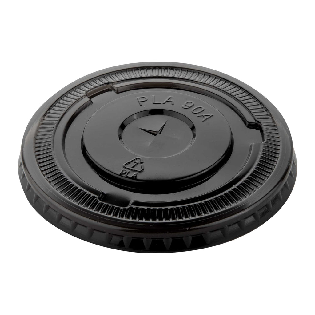Sustain Round Black PLA Plastic Flat Lid - Fits 12, 16, and 24 oz, Compostable - 3 1/2" x 3 1/2" x 1/4" - 100 count box