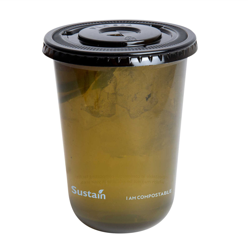 Sustain Round Black PLA Plastic Flat Lid - Fits 12, 16, and 24 oz, Compostable - 3 1/2" x 3 1/2" x 1/4" - 100 count box