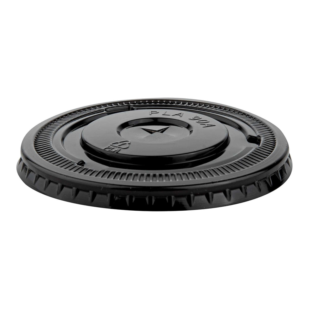 Sustain Round Black PLA Plastic Flat Lid - Fits 12, 16, and 24 oz, Compostable - 3 1/2" x 3 1/2" x 1/4" - 100 count box