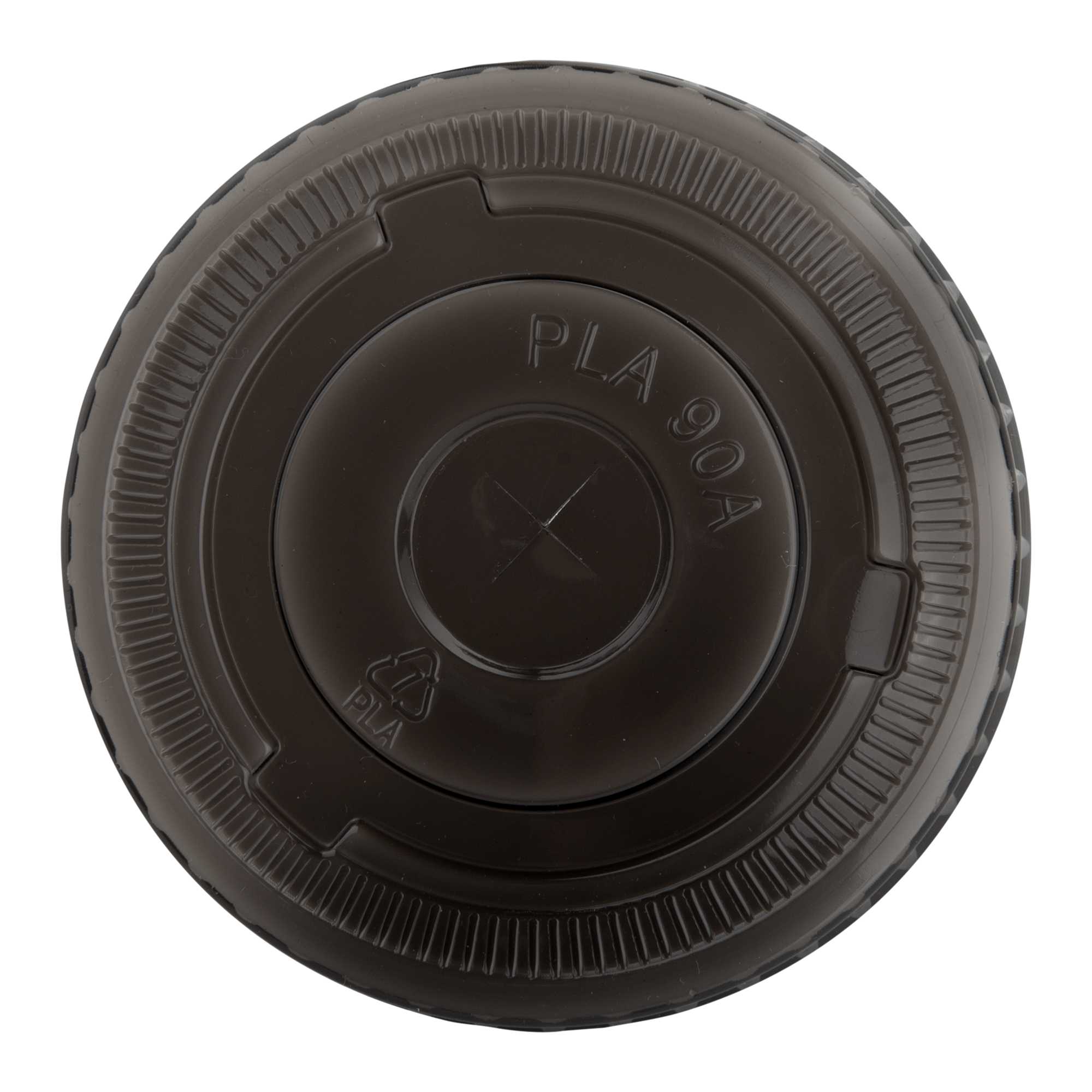 Sustain Round Black PLA Plastic Flat Lid - Fits 12, 16, and 24 oz, Compostable - 3 1/2" x 3 1/2" x 1/4" - 100 count box
