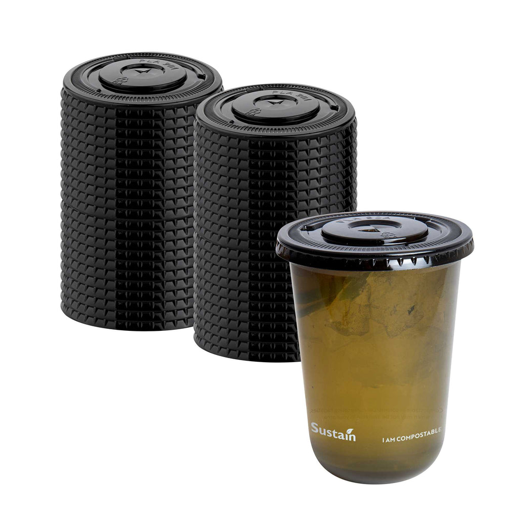 Sustain Round Black PLA Plastic Flat Lid - Fits 12, 16, and 24 oz, Compostable - 3 1/2" x 3 1/2" x 1/4" - 1000 count box