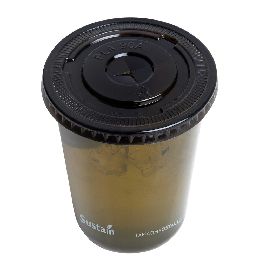 Sustain Round Black PLA Plastic Flat Lid - Fits 12, 16, and 24 oz, Compostable - 3 1/2" x 3 1/2" x 1/4" - 1000 count box
