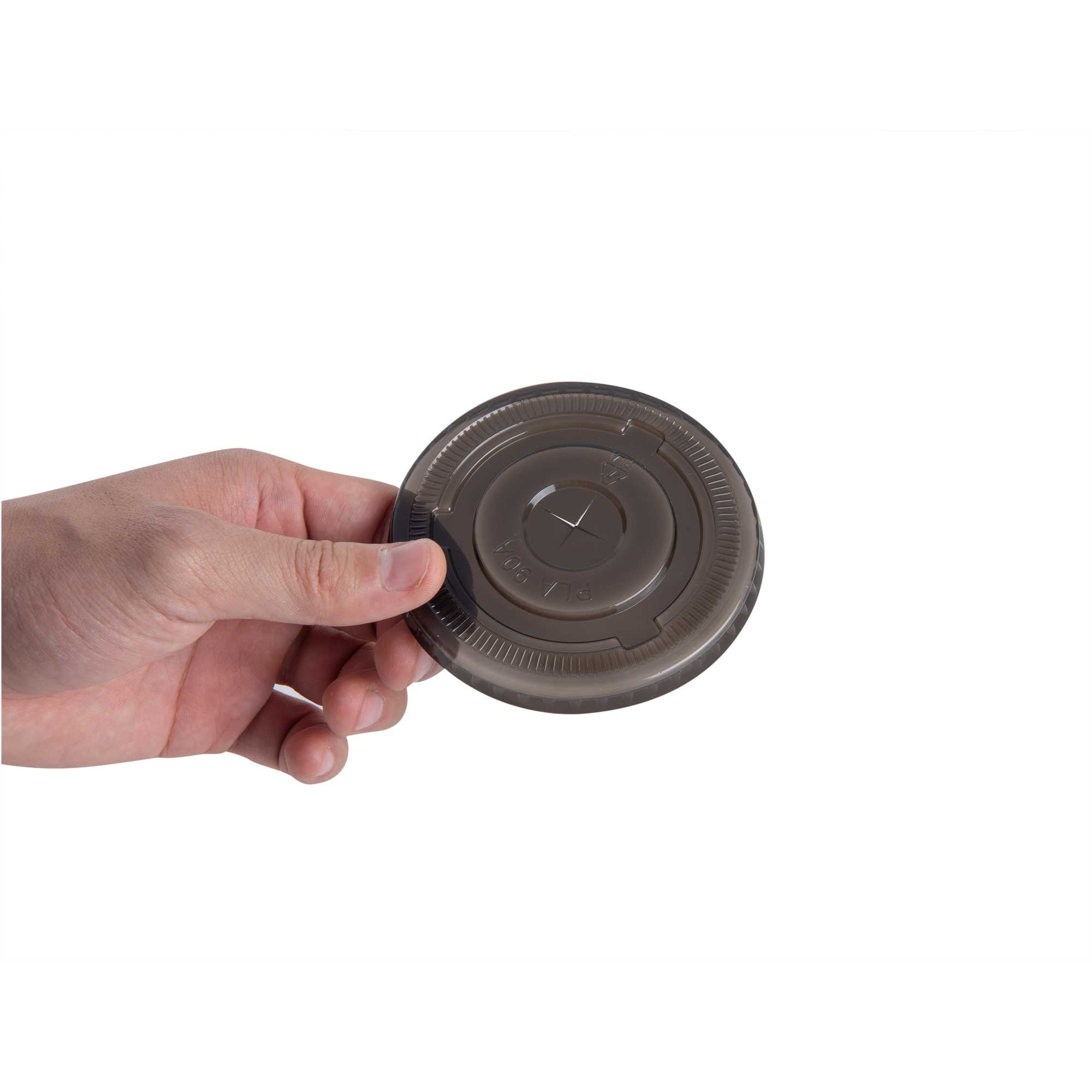 Sustain Round Black PLA Plastic Flat Lid - Fits 12, 16, and 24 oz, Compostable - 3 1/2" x 3 1/2" x 1/4" - 1000 count box