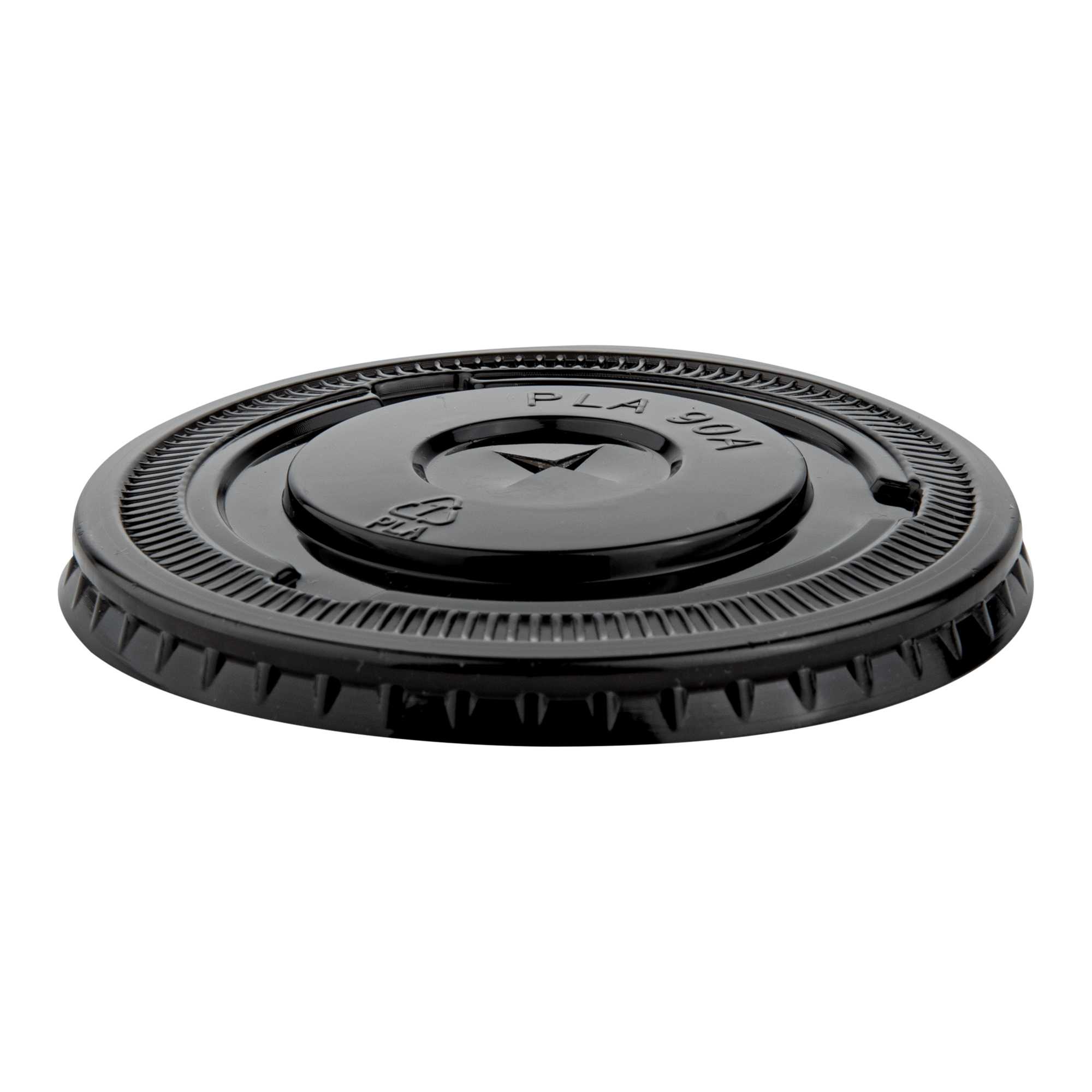 Sustain Round Black PLA Plastic Flat Lid - Fits 12, 16, and 24 oz, Compostable - 3 1/2" x 3 1/2" x 1/4" - 1000 count box