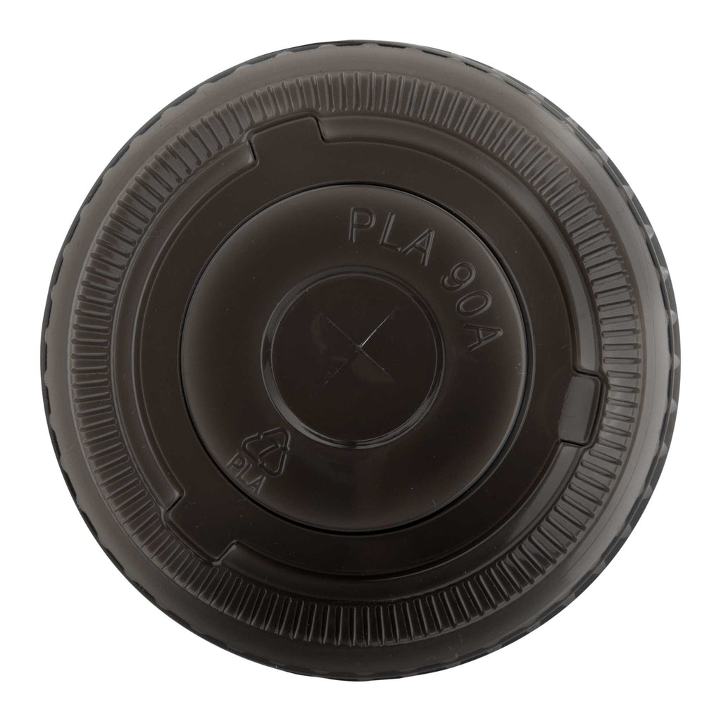 Sustain Round Black PLA Plastic Flat Lid - Fits 12, 16, and 24 oz, Compostable - 3 1/2" x 3 1/2" x 1/4" - 1000 count box