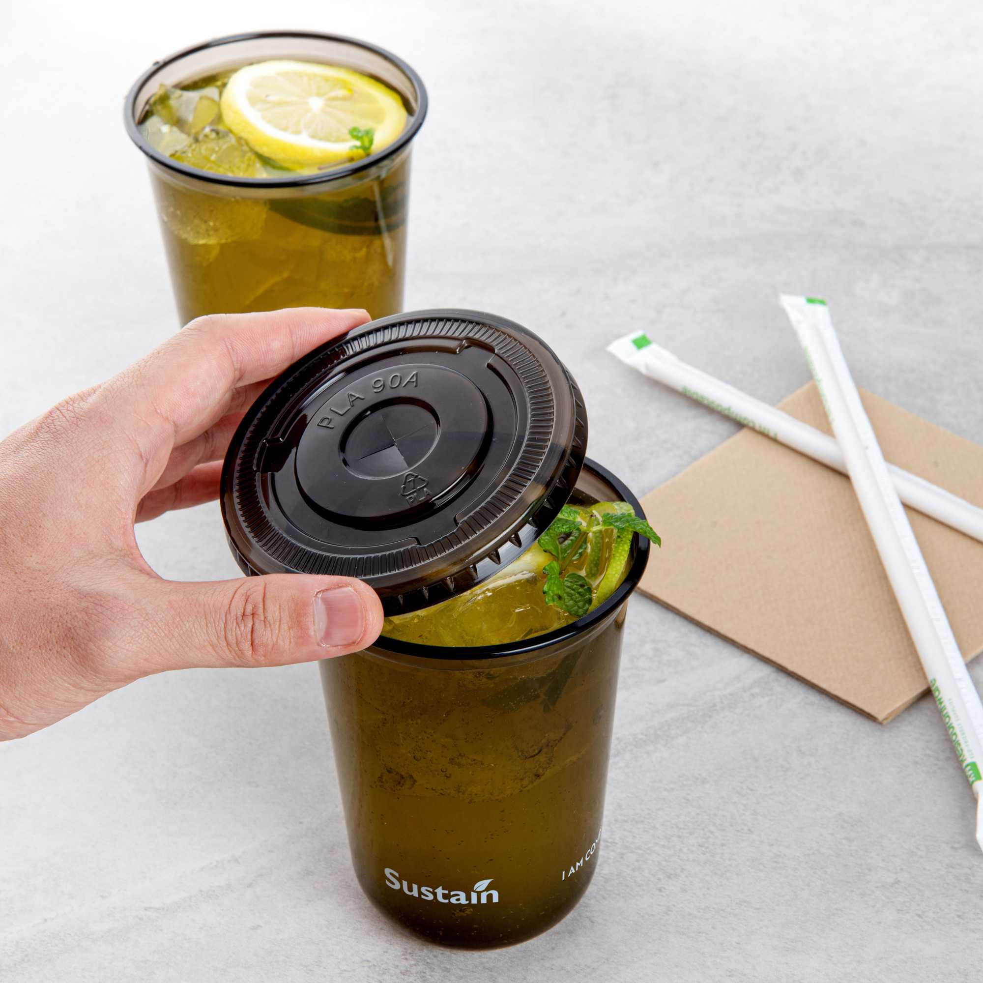 Sustain Round Black PLA Plastic Flat Lid - Fits 12, 16, and 24 oz, Compostable - 3 1/2" x 3 1/2" x 1/4" - 1000 count box