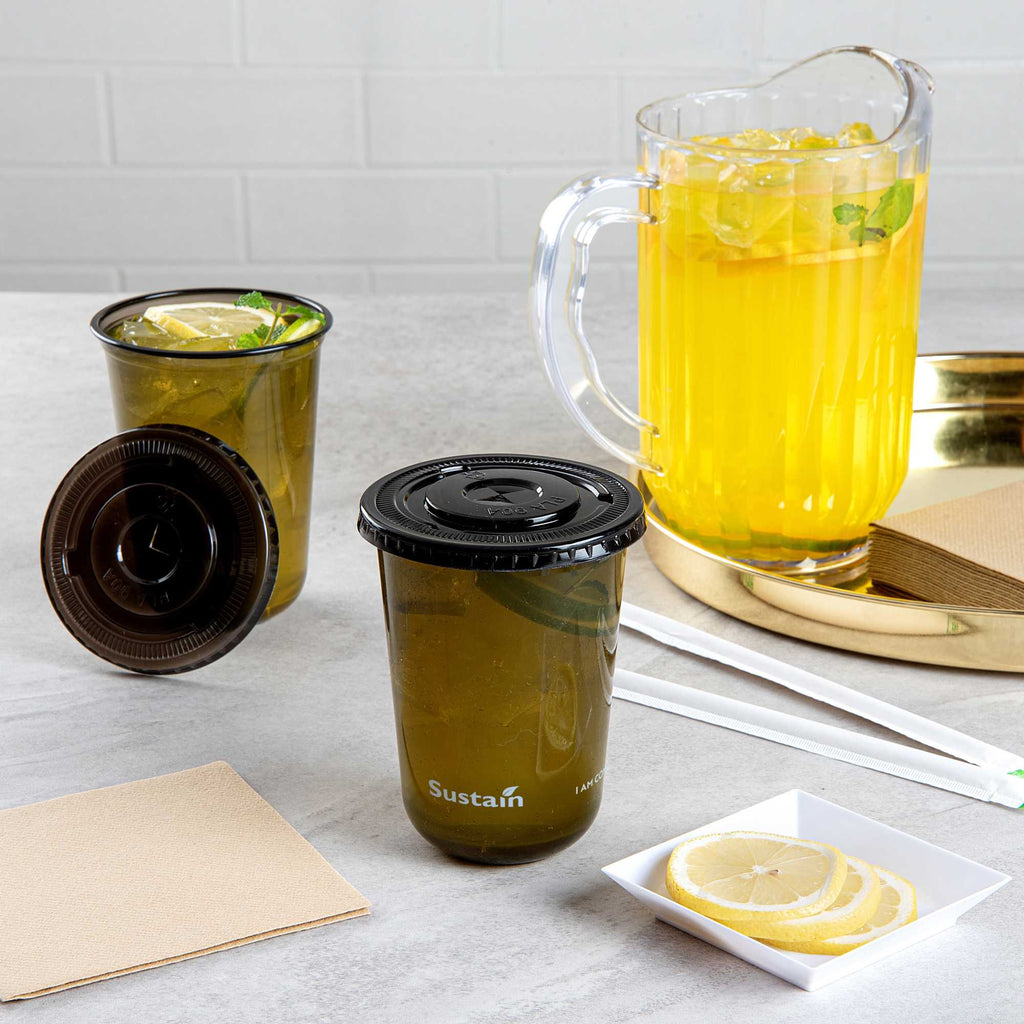 Sustain Round Black PLA Plastic Flat Lid - Fits 12, 16, and 24 oz, Compostable - 3 1/2" x 3 1/2" x 1/4" - 1000 count box