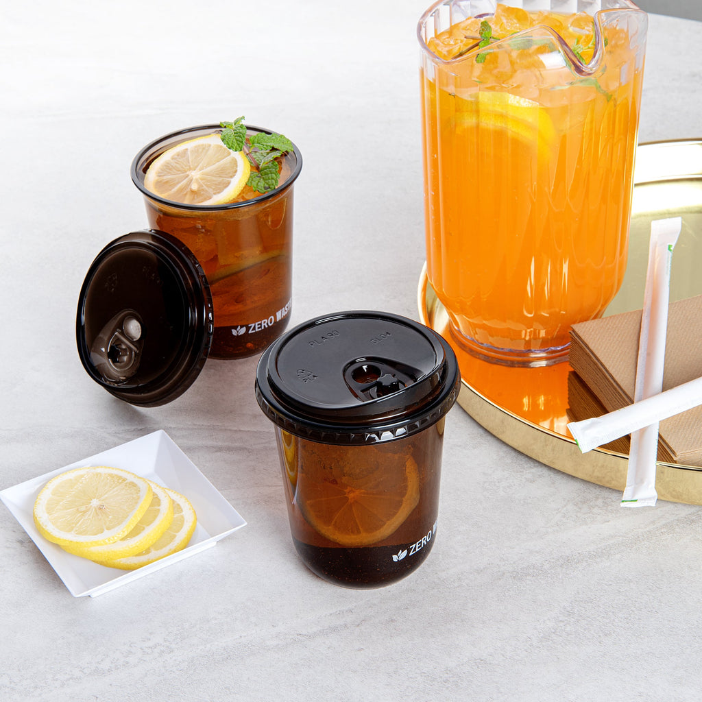 Sustain Round Black PLA Plastic Straw or Sippy Cup Lid - Fits 12, 16, and 24 oz, Compostable - 3 1/2" x 3 1/2" x 3/4" - 100 count box