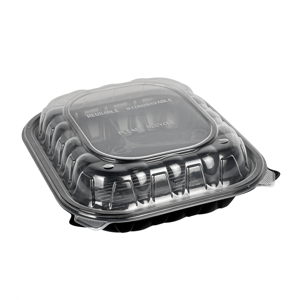 Thermo Tek 54 oz Black Plastic Clamshell Container - 3 Compartments, Microwavable - 10 1/4" x 9" x 3" - 50 count box