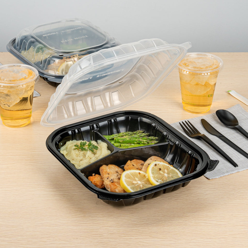 Thermo Tek 54 oz Black Plastic Clamshell Container - 3 Compartments, Microwavable - 10 1/4" x 9" x 3" - 50 count box