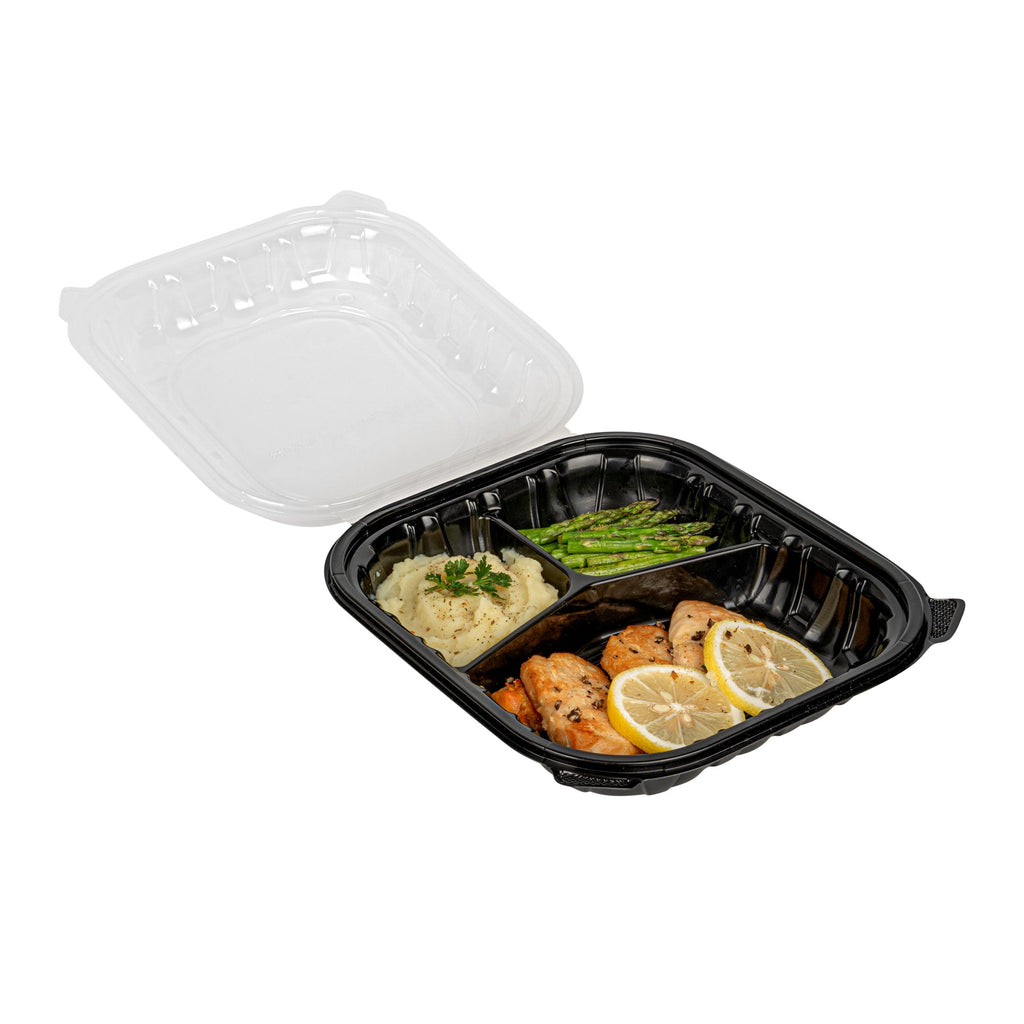 Thermo Tek 54 oz Black Plastic Clamshell Container - 3 Compartments, Microwavable - 10 1/4" x 9" x 3" - 50 count box