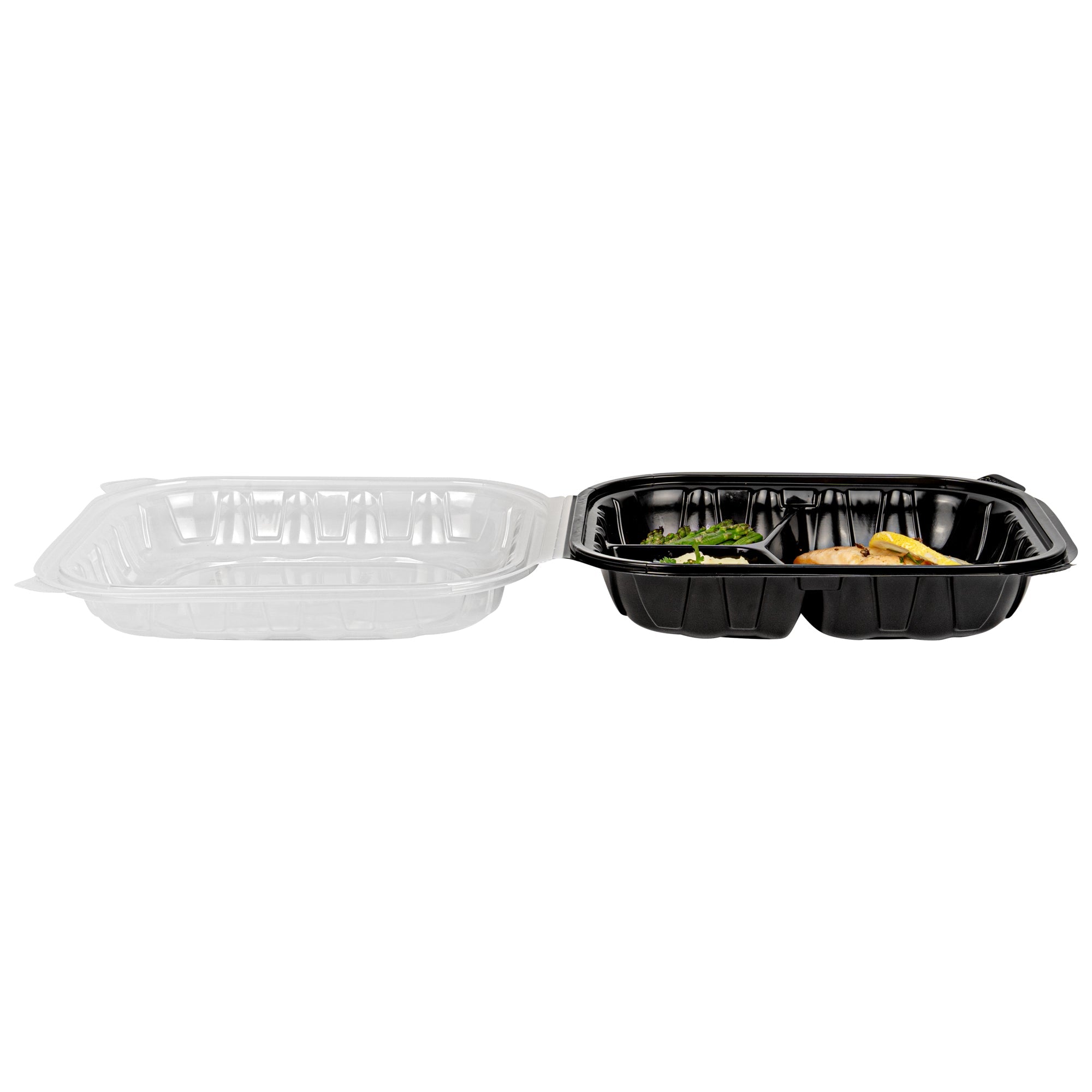 Thermo Tek 54 oz Black Plastic Clamshell Container - 3 Compartments, Microwavable - 10 1/4" x 9" x 3" - 50 count box