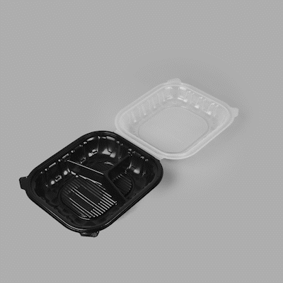 Thermo Tek 54 oz Black Plastic Clamshell Container - 3 Compartments, Microwavable - 10 1/4" x 9" x 3" - 50 count box