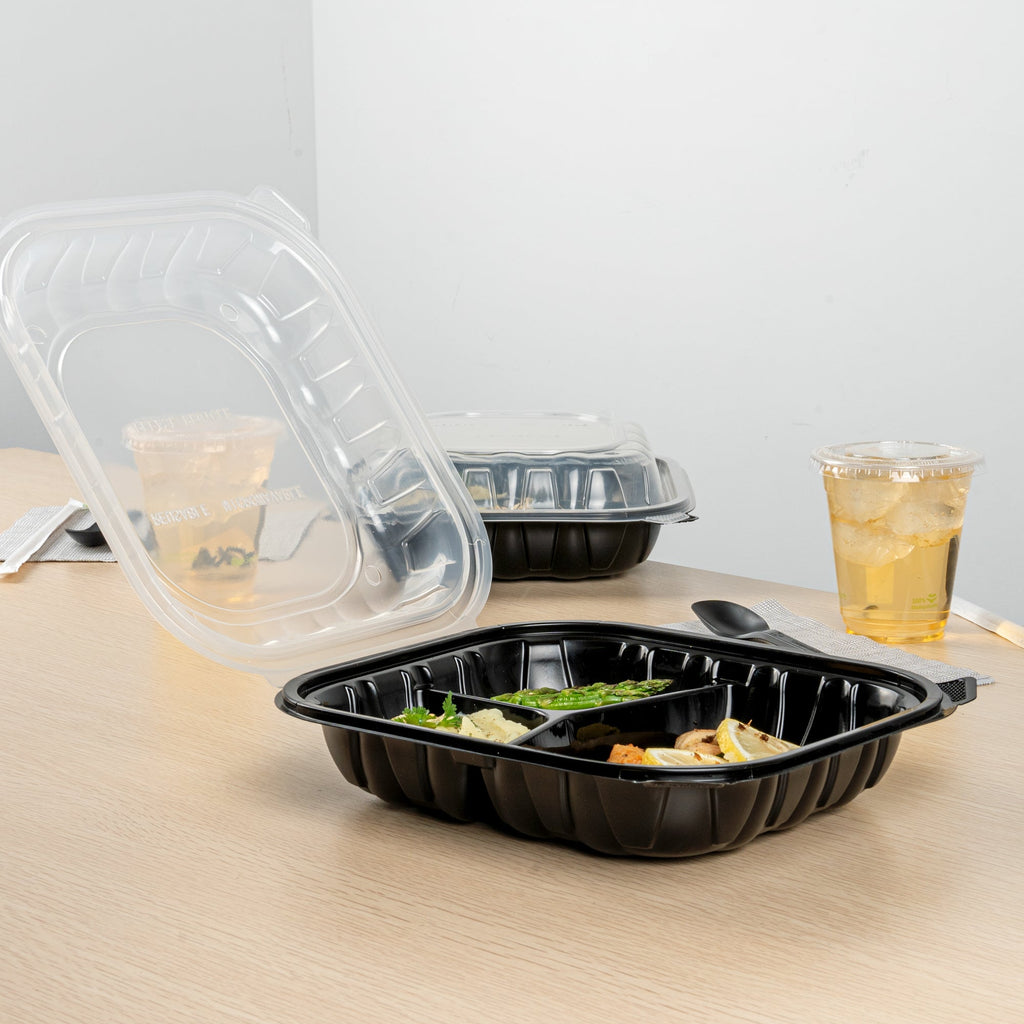 Thermo Tek 54 oz Black Plastic Clamshell Container - 3 Compartments, Microwavable - 10 1/4" x 9" x 3" - 50 count box