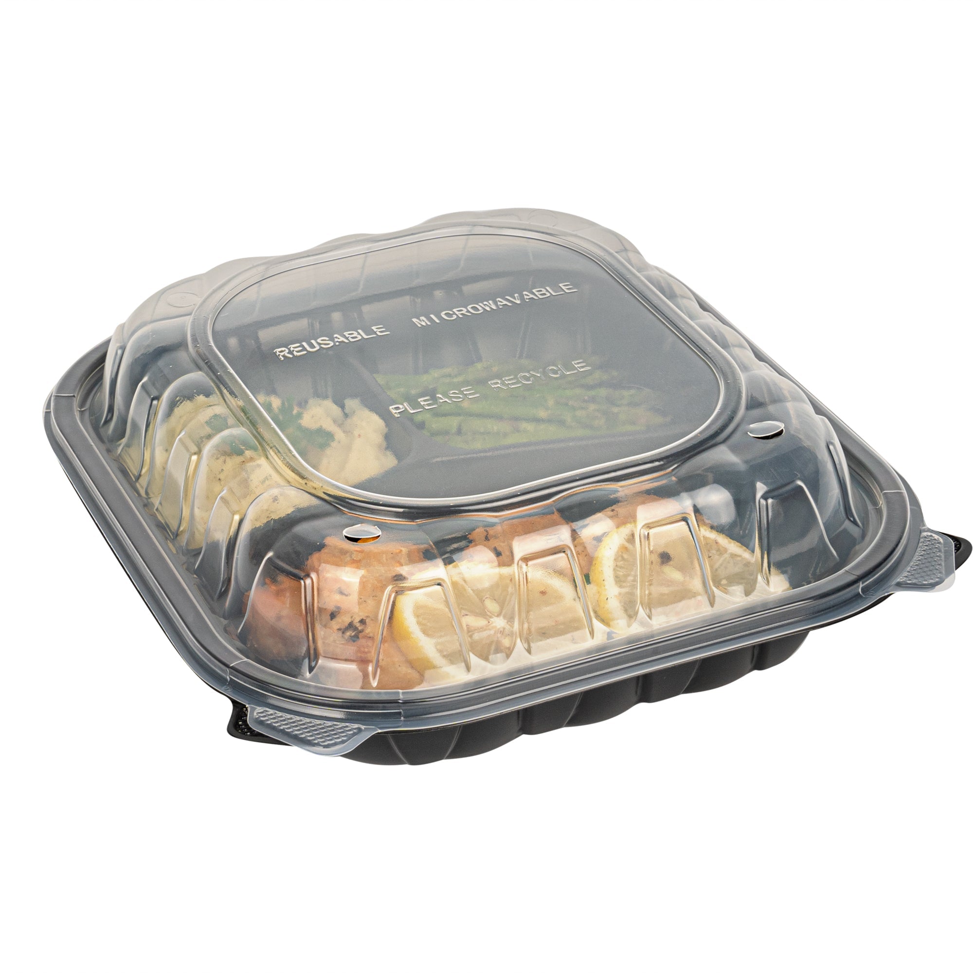 Thermo Tek 54 oz Black Plastic Clamshell Container - 3 Compartments, Microwavable - 10 1/4" x 9" x 3" - 100 count box