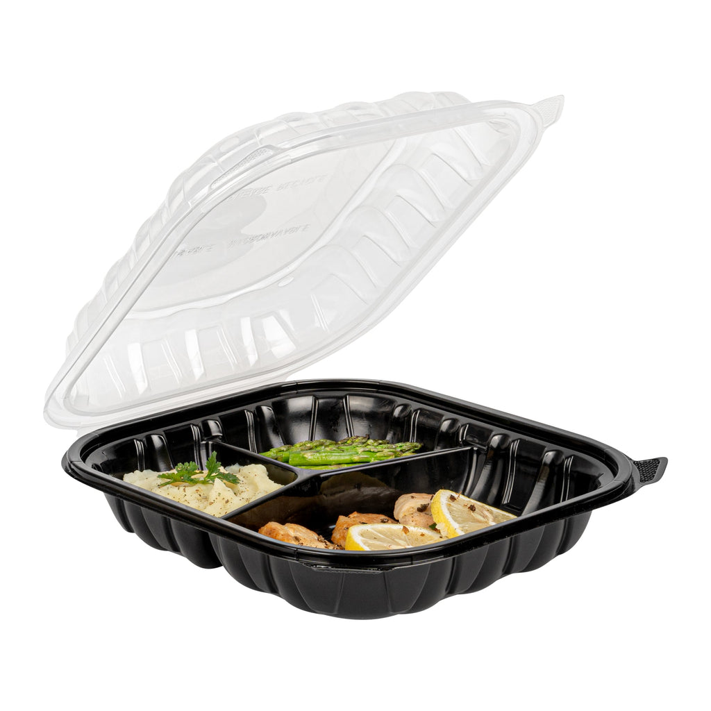 Thermo Tek 54 oz Black Plastic Clamshell Container - 3 Compartments, Microwavable - 10 1/4" x 9" x 3" - 100 count box