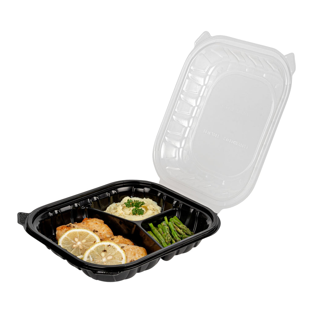 Thermo Tek 54 oz Black Plastic Clamshell Container - 3 Compartments, Microwavable - 10 1/4" x 9" x 3" - 100 count box