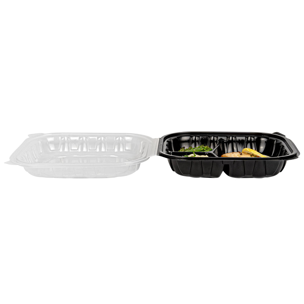 Thermo Tek 54 oz Black Plastic Clamshell Container - 3 Compartments, Microwavable - 10 1/4" x 9" x 3" - 100 count box