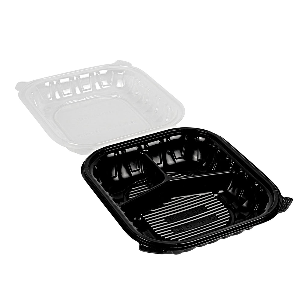 Thermo Tek 54 oz Black Plastic Clamshell Container - 3 Compartments, Microwavable - 10 1/4" x 9" x 3" - 100 count box