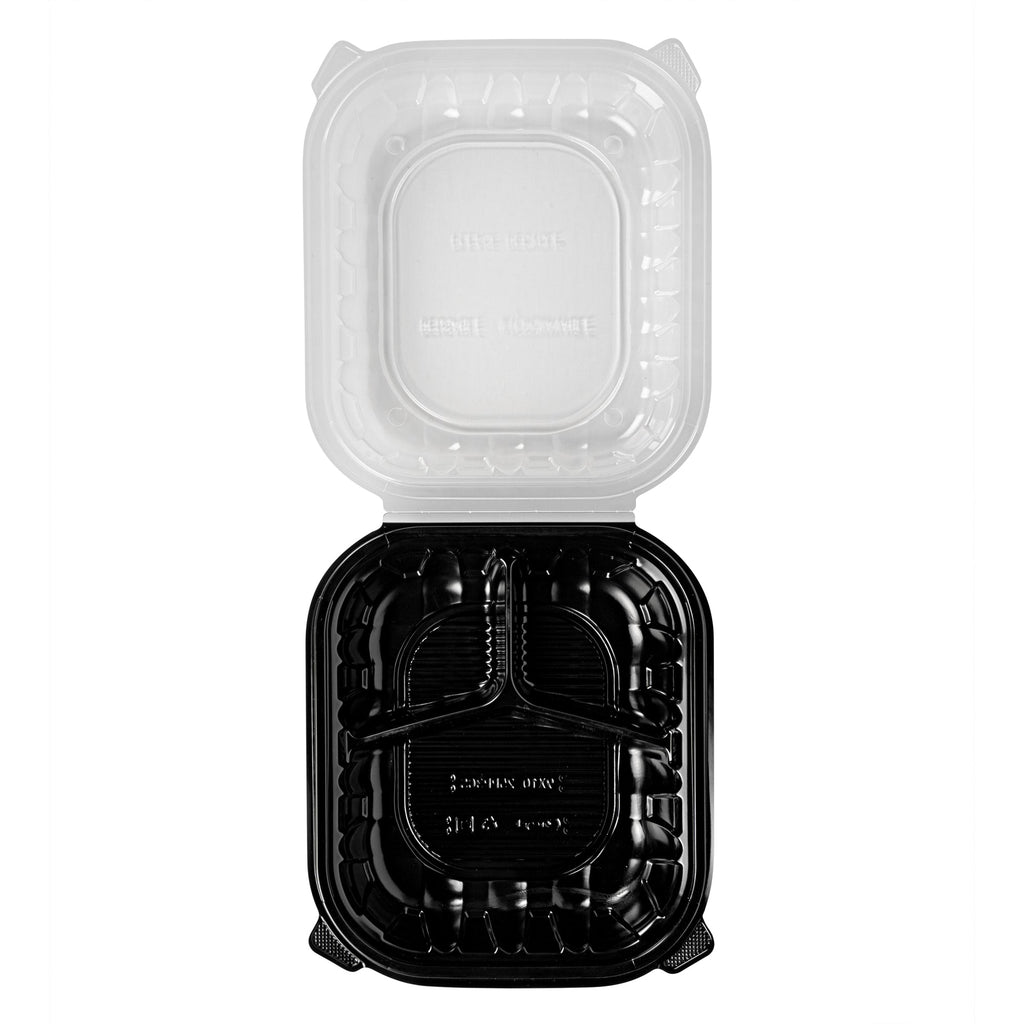 Thermo Tek 54 oz Black Plastic Clamshell Container - 3 Compartments, Microwavable - 10 1/4" x 9" x 3" - 100 count box