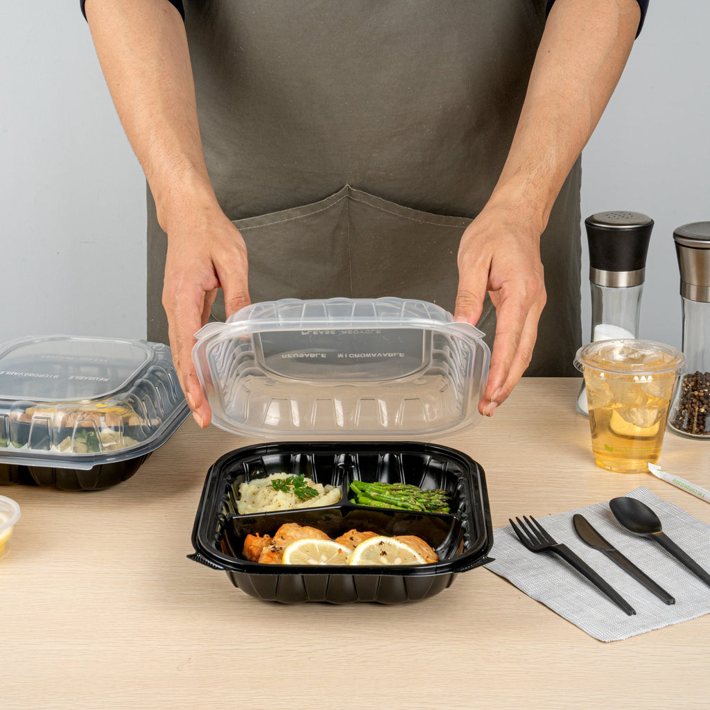 Thermo Tek 54 oz Black Plastic Clamshell Container - 3 Compartments, Microwavable - 10 1/4" x 9" x 3" - 100 count box