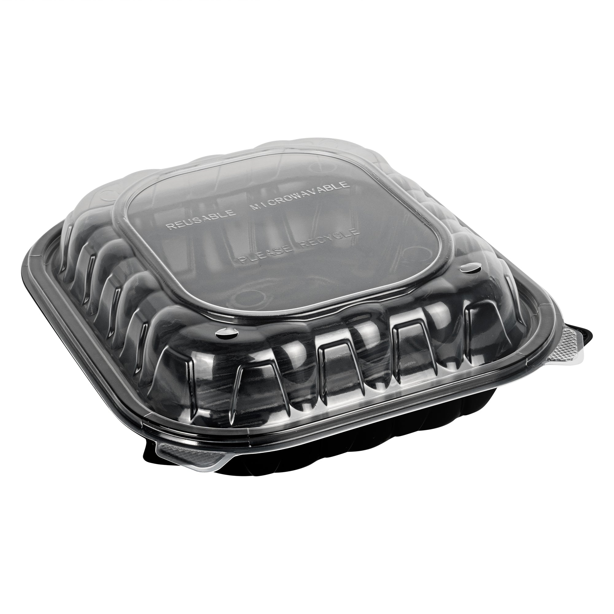 Thermo Tek 54 oz Black Plastic Clamshell Container - Microwavable - 10 1/4" x 9" x 3" - 50 count box