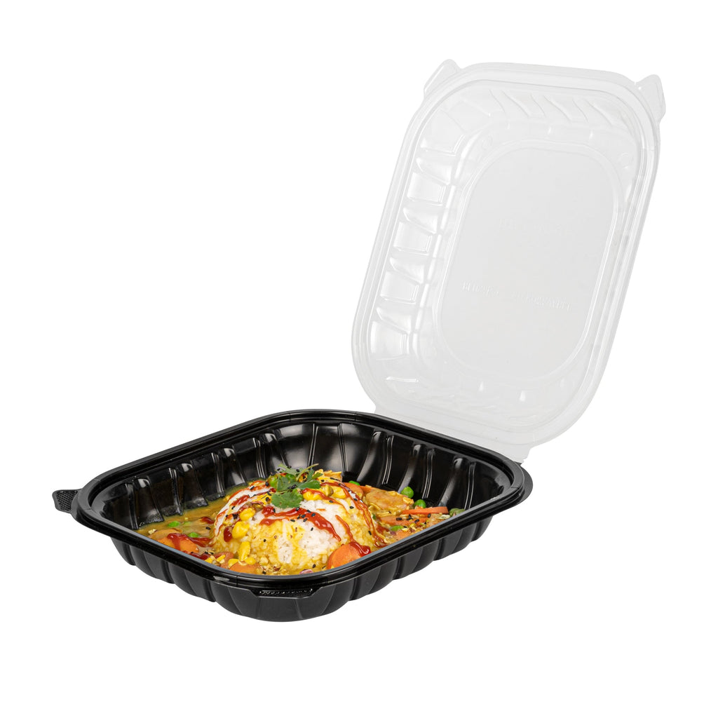 Thermo Tek 54 oz Black Plastic Clamshell Container - Microwavable - 10 1/4" x 9" x 3" - 50 count box