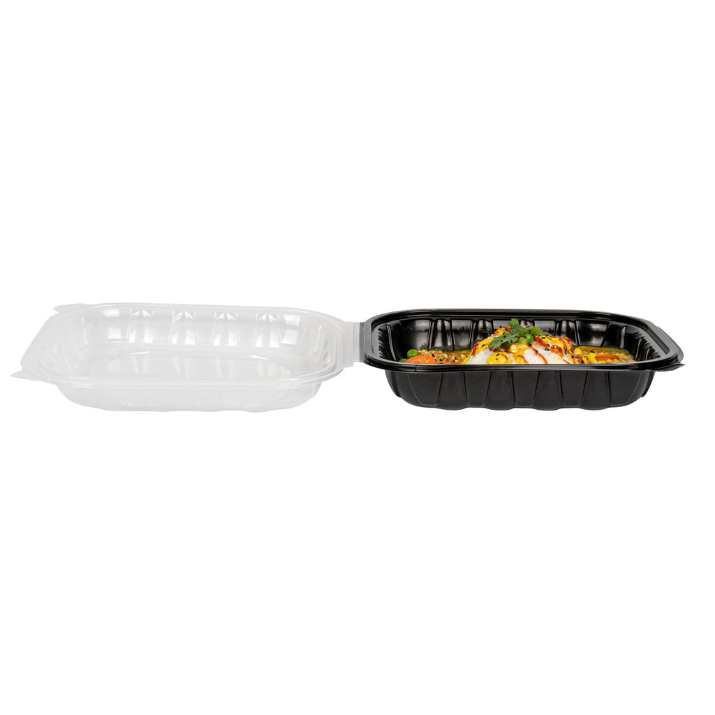 Thermo Tek 54 oz Black Plastic Clamshell Container - Microwavable - 10 1/4" x 9" x 3" - 100 count box