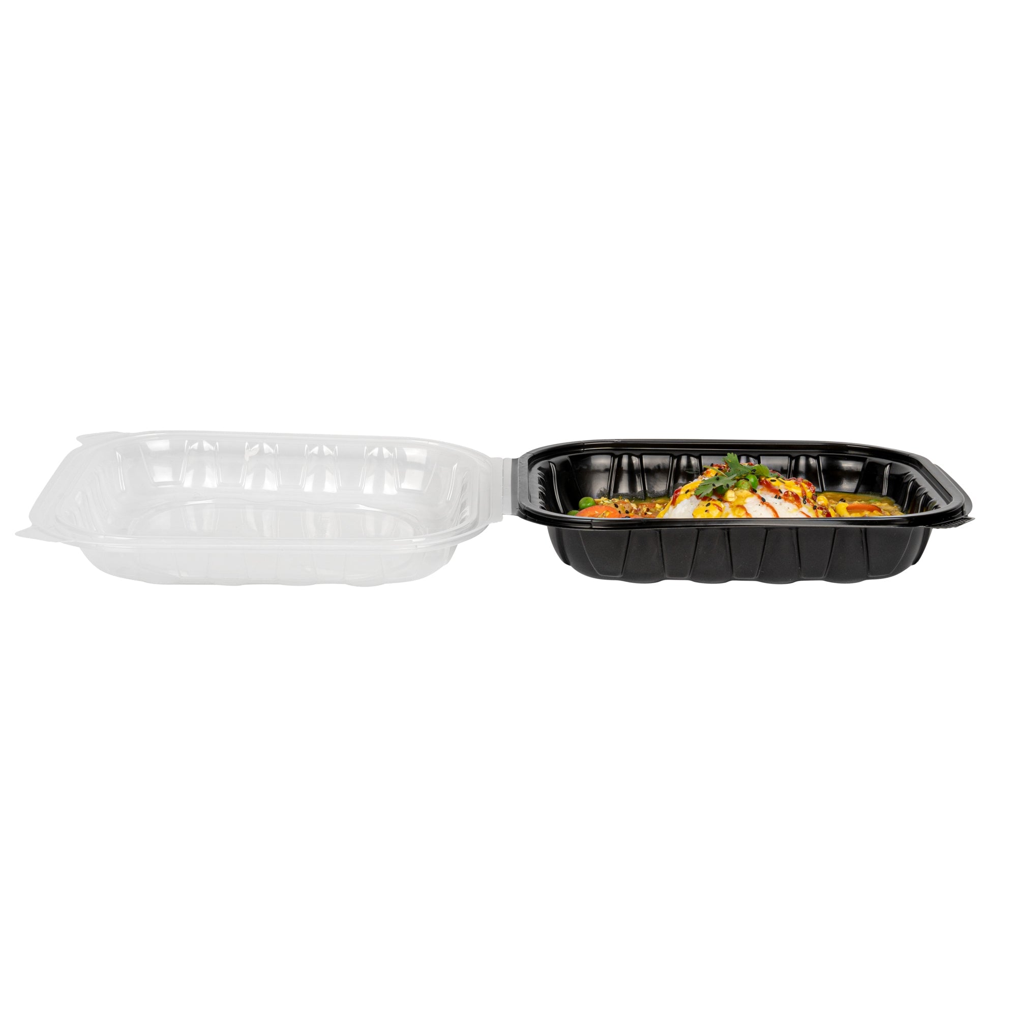 Thermo Tek 54 oz Black Plastic Clamshell Container - Microwavable - 10 1/4" x 9" x 3" - 100 count box