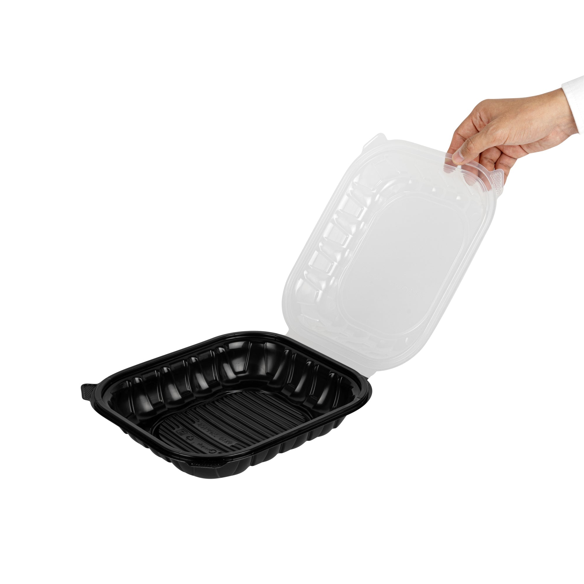 Thermo Tek 54 oz Black Plastic Clamshell Container - Microwavable - 10 1/4" x 9" x 3" - 100 count box