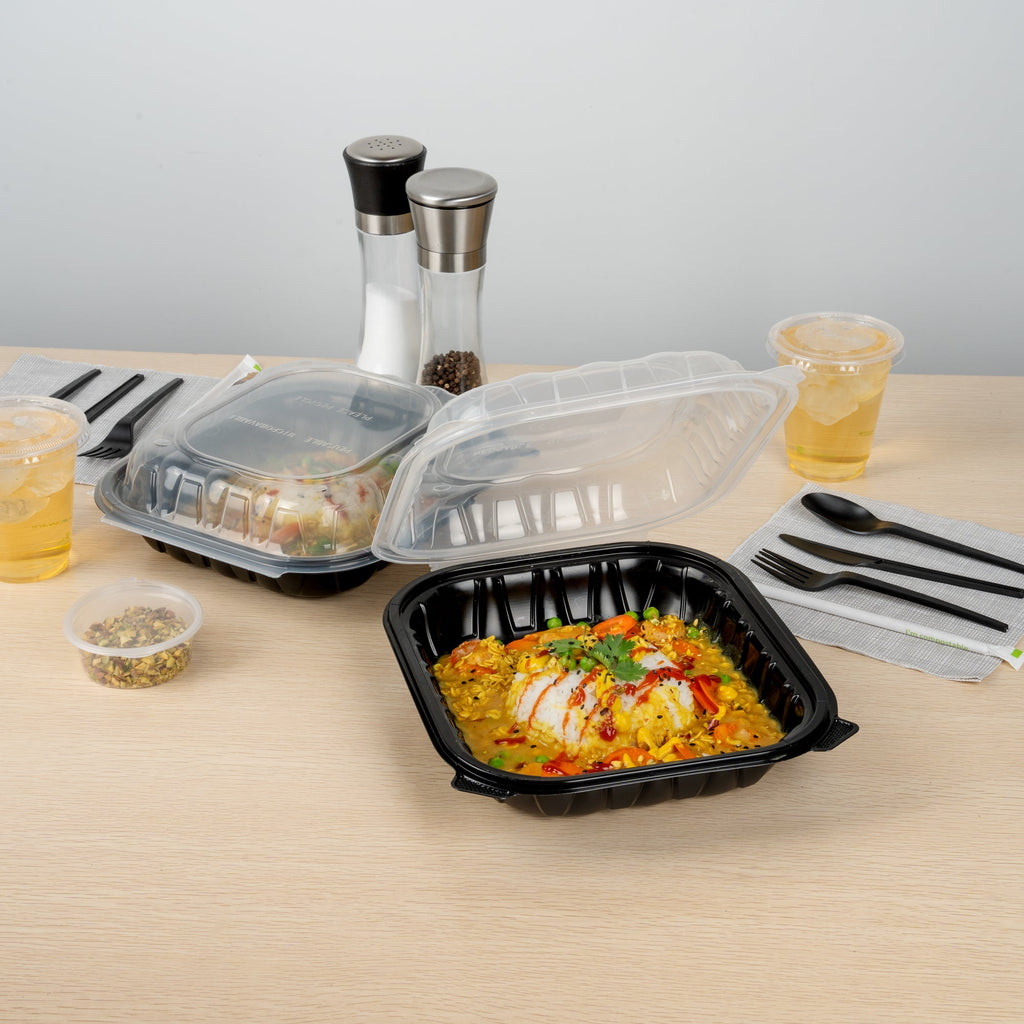 Thermo Tek 54 oz Black Plastic Clamshell Container - Microwavable - 10 1/4" x 9" x 3" - 100 count box