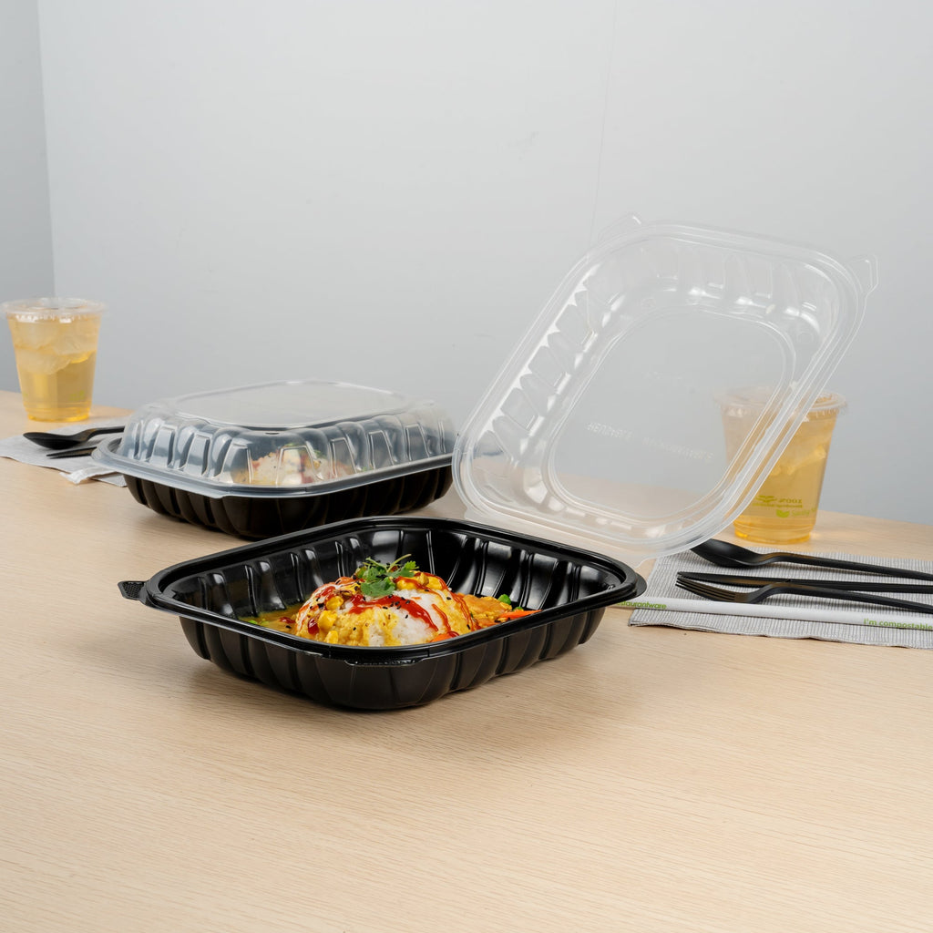 Thermo Tek 54 oz Black Plastic Clamshell Container - Microwavable - 10 1/4" x 9" x 3" - 100 count box